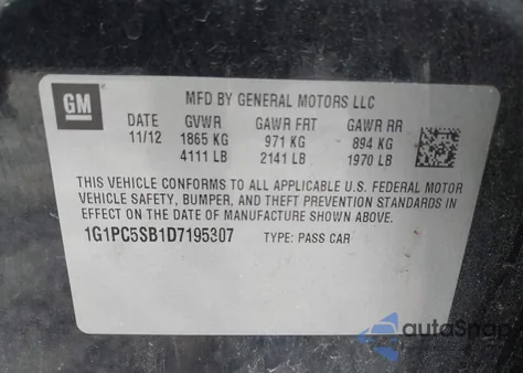 2013 Chevrolet Cruze 1Lt Auto z USA, uszkodzony, nr VIN 1G1PC5SB1D7195307